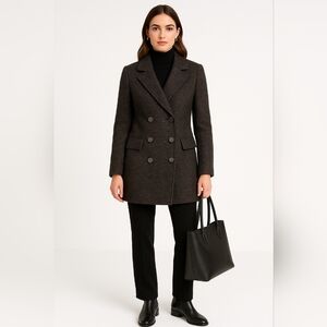 Jaeger Vintage Wool Double Breasted Tweed Pea Coat Gray Women's 6 Wooden Buttons